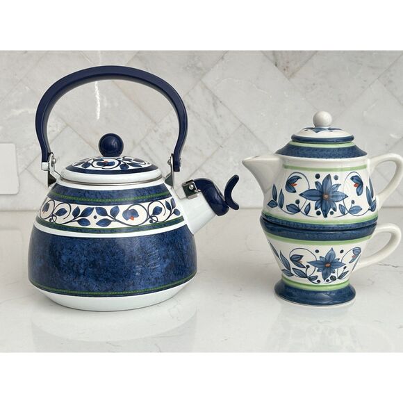 Pfaltzgraff Enamel Tea Kettle Blue/Green/White Stripe & Floral Orleans Pattern - Picture 9 of 9